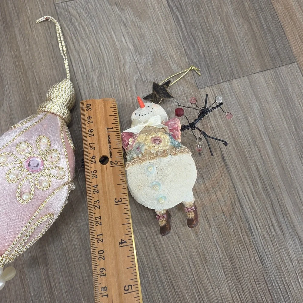 Vintage Pink‎ Velvet Drop Snowman & Beaded Apple Christmas Ornaments Set of 4